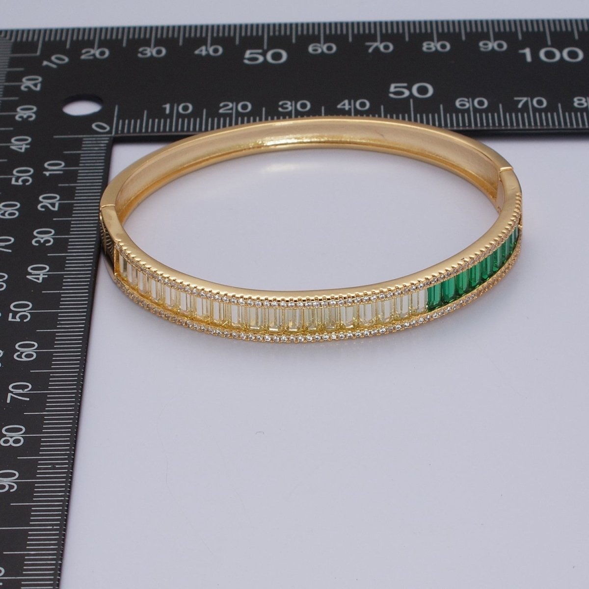 24K Gold Filled Micro Pave Gradient Green Baguette Bangle Bracelet | WA-1012 WA-1013 Clearance Pricing - DLUXCA