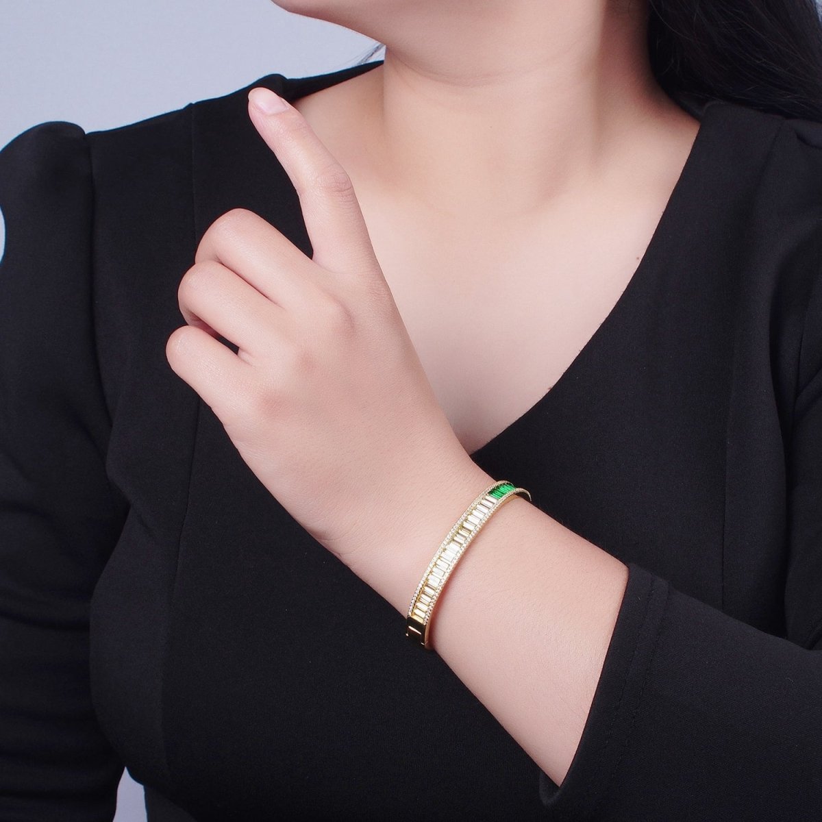 24K Gold Filled Micro Pave Gradient Green Baguette Bangle Bracelet | WA-1012 WA-1013 Clearance Pricing - DLUXCA