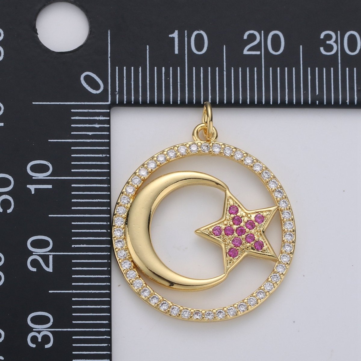 24k Gold Filled Micro Pave Moon Charm, Cubic Zirconia Moon Pendant Charm Pink Star Charm Gold Filled Charm, For DIY Jewelry D-119 - DLUXCA
