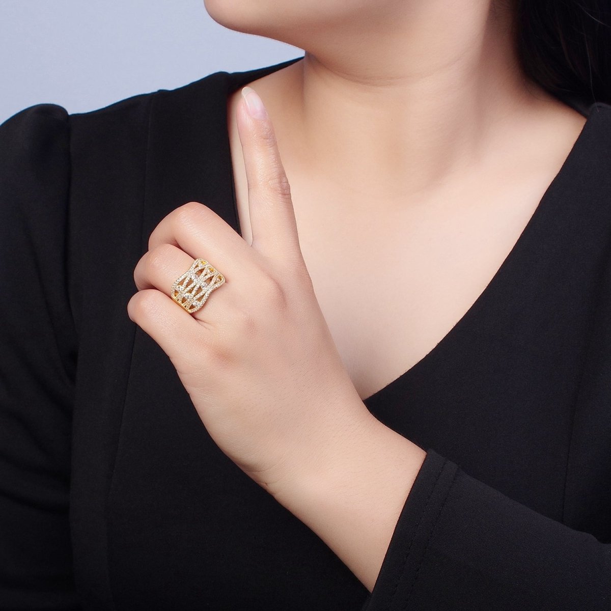 24K Gold Filled Micro Pave Signet Ring, Cubic Zirconia CZ Statement Ring in Silver & Gold O-2266 O-2267 - DLUXCA