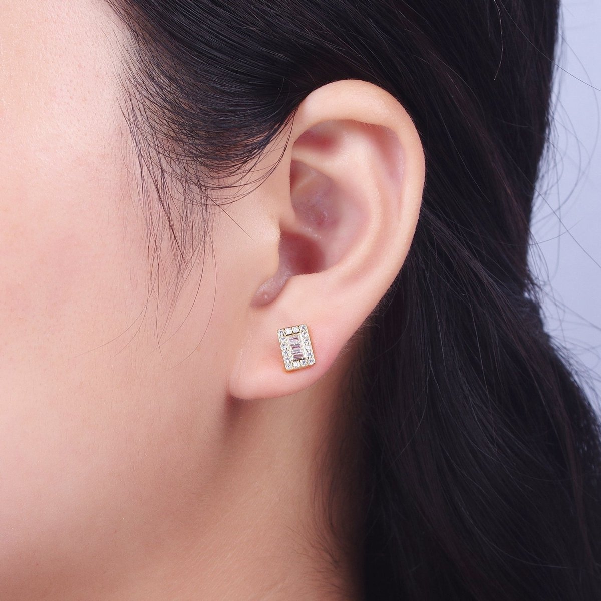 24K Gold Filled Micro Paved Baguette CZ Rectangular Bar Stud Earrings | Y-103 - DLUXCA