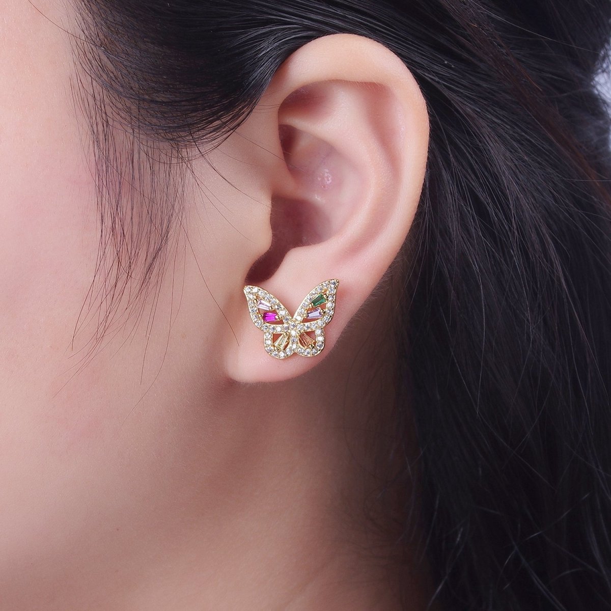 24K Gold Filled Micro Paved Clear Rainbow Butterfly Mariposa Studs Earrings | X-862 - DLUXCA