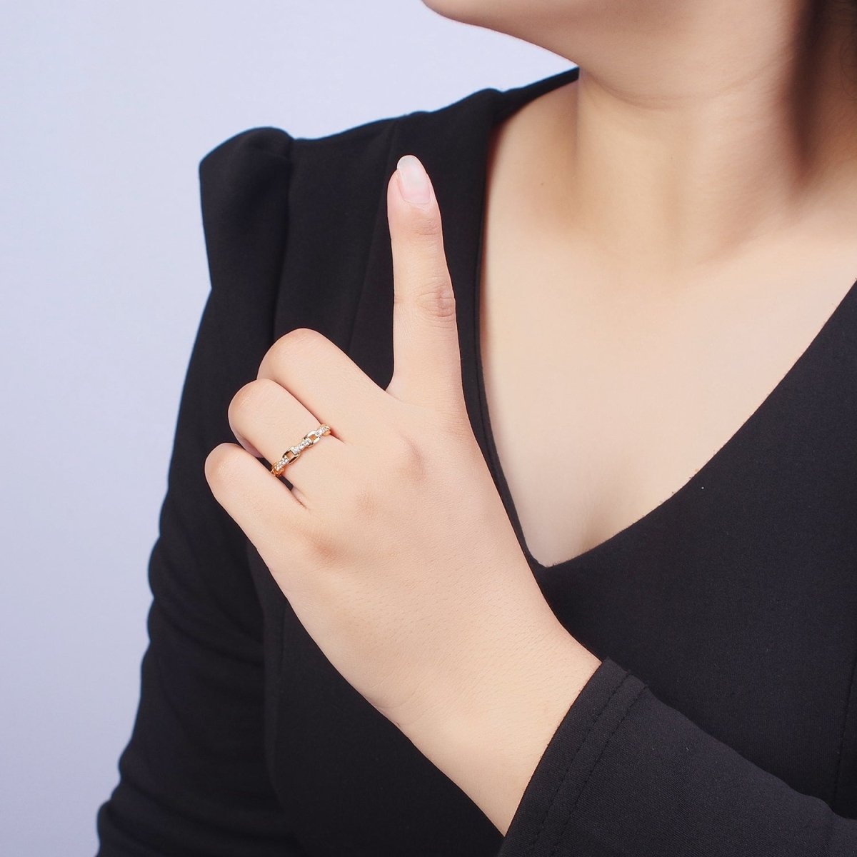 24K Gold Filled Micro Paved Cubic Zirconia Chain Link Adjustable Gold Ring | X-579 - DLUXCA