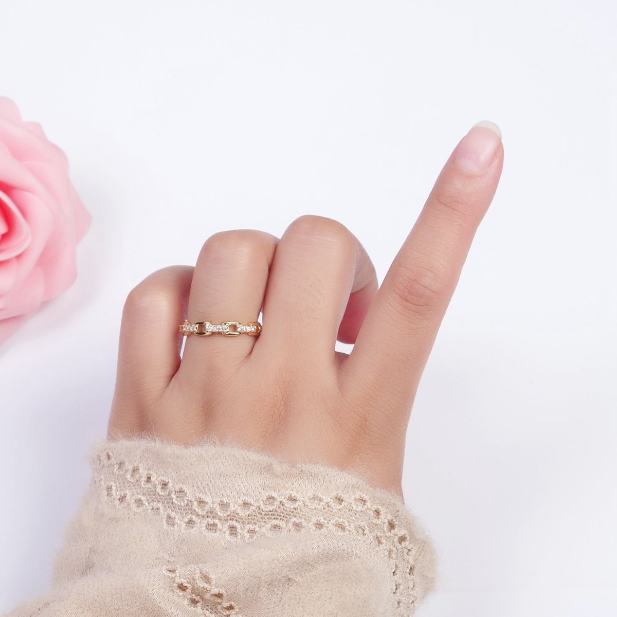 24K Gold Filled Micro Paved Cubic Zirconia Chain Link Adjustable Gold Ring | X-579 - DLUXCA