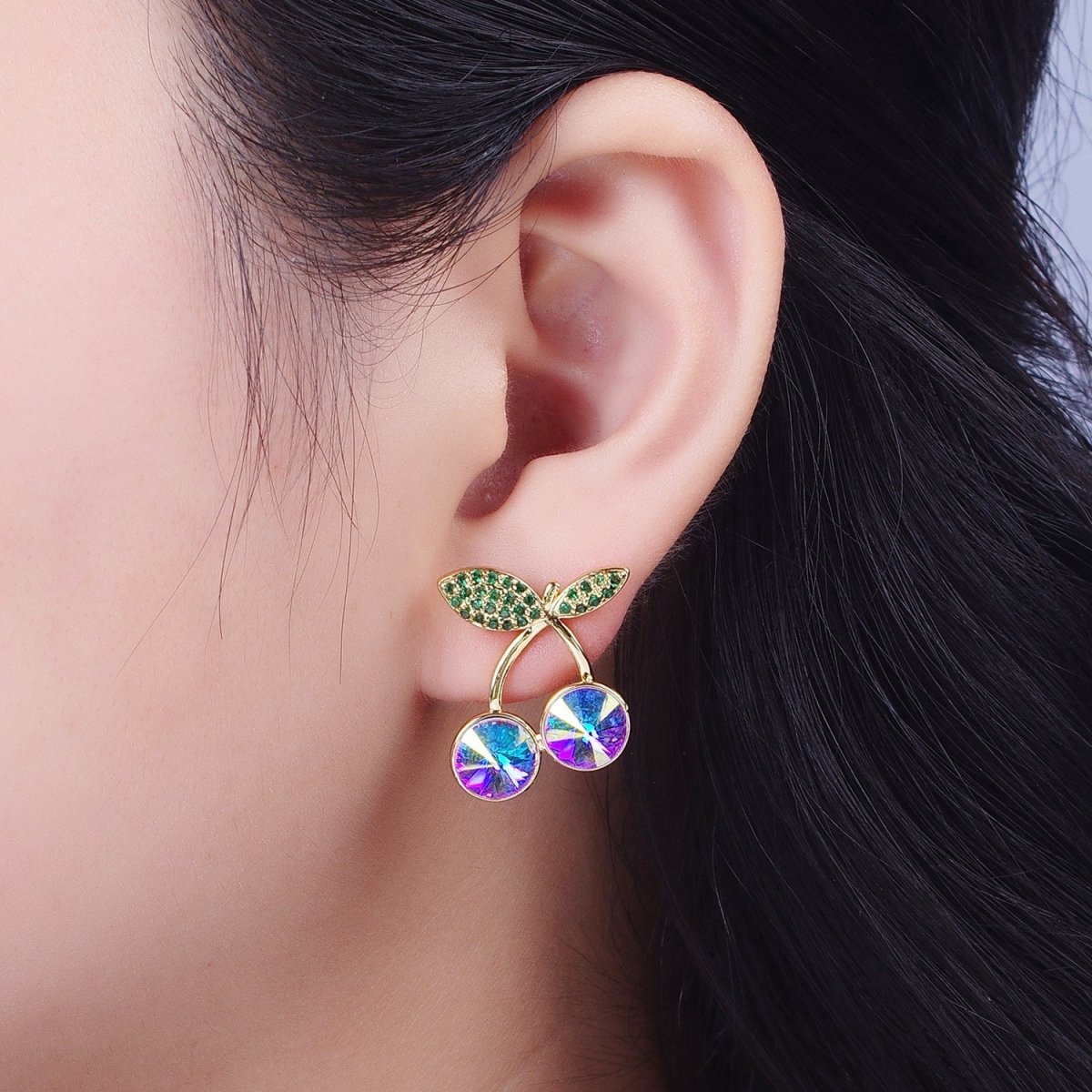 24K Gold Filled Micro Paved Cubic Zirconia Cherry Fruit Stud Earrings P-411~P-417 - DLUXCA