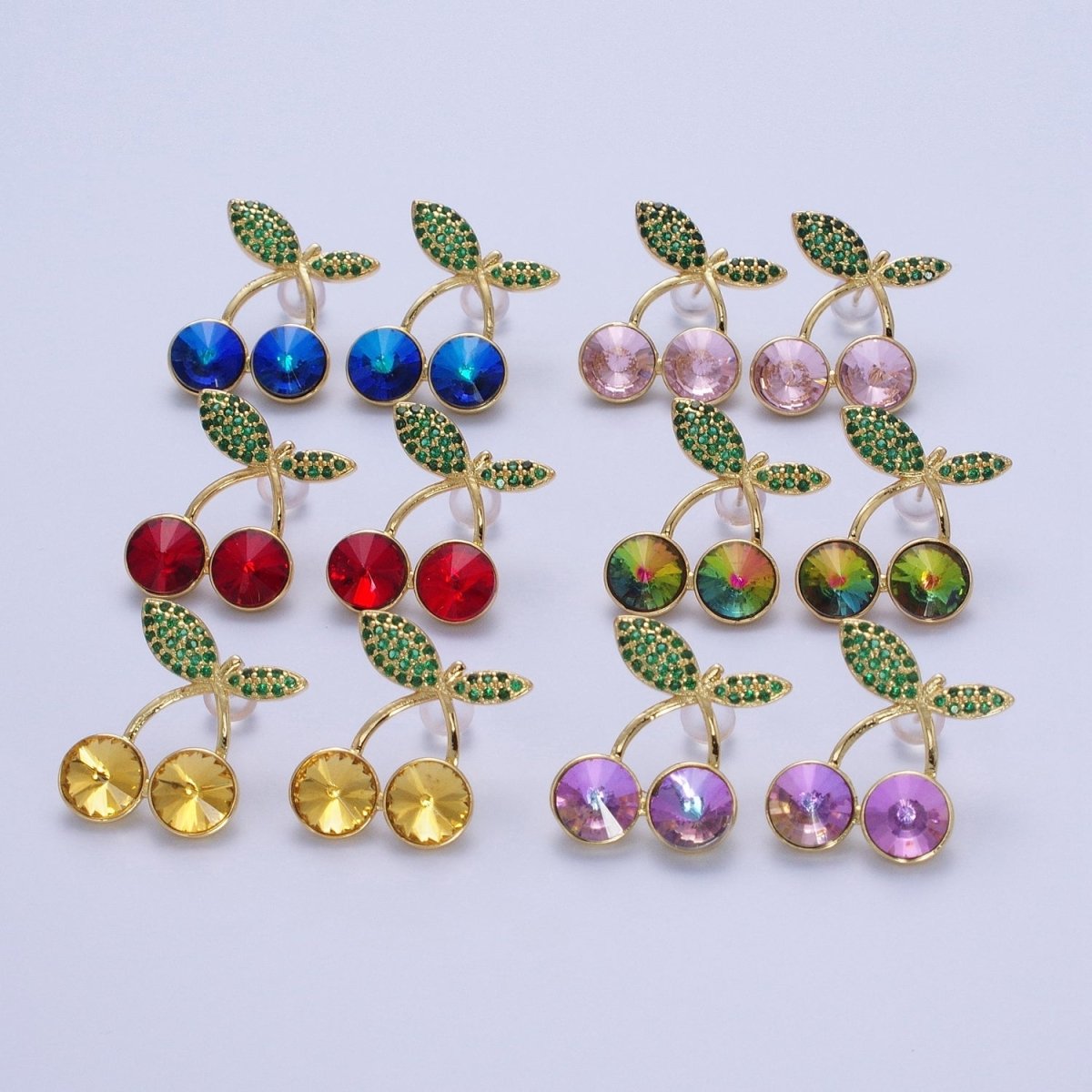 24K Gold Filled Micro Paved Cubic Zirconia Cherry Fruit Stud Earrings P-411~P-417 - DLUXCA