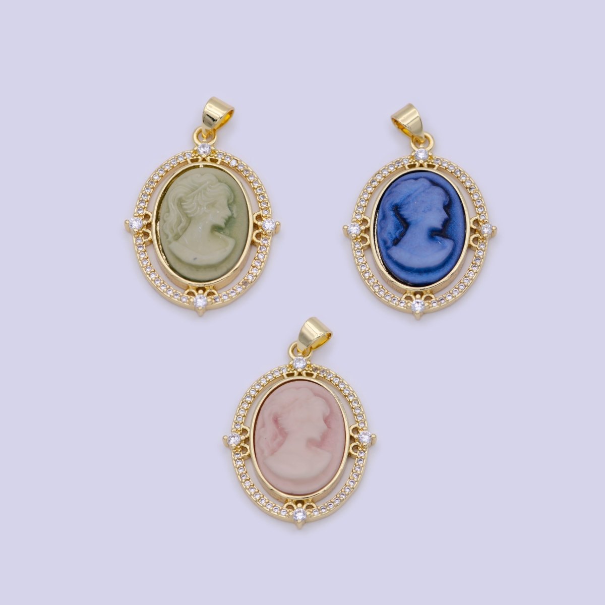 24K Gold Filled Micro Paved CZ Blue Pink Green Agate Women's Portrait Italian Cameo Victorian Vintage Pendant N-616 N-617 N-618 - DLUXCA
