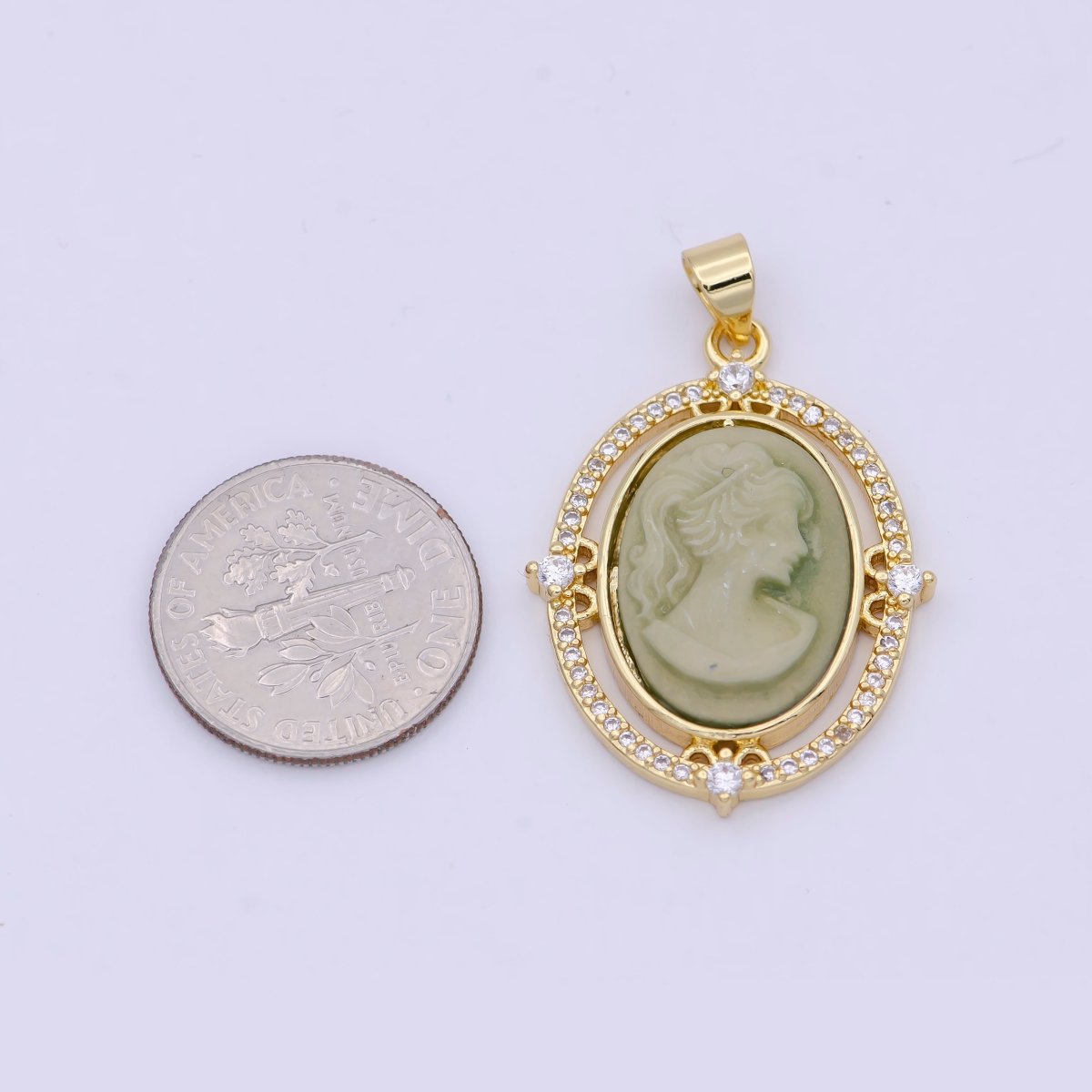 24K Gold Filled Micro Paved CZ Blue Pink Green Agate Women's Portrait Italian Cameo Victorian Vintage Pendant N-616 N-617 N-618 - DLUXCA