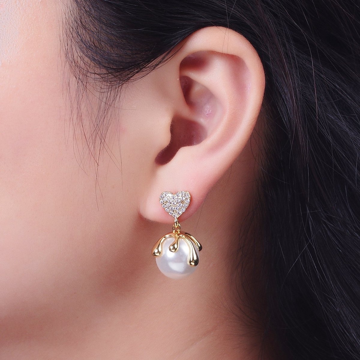 24K Gold Filled Micro Paved CZ Heart Love Drop Round White Pearl Geometric Drip Stud Earrings | Y-032 - DLUXCA
