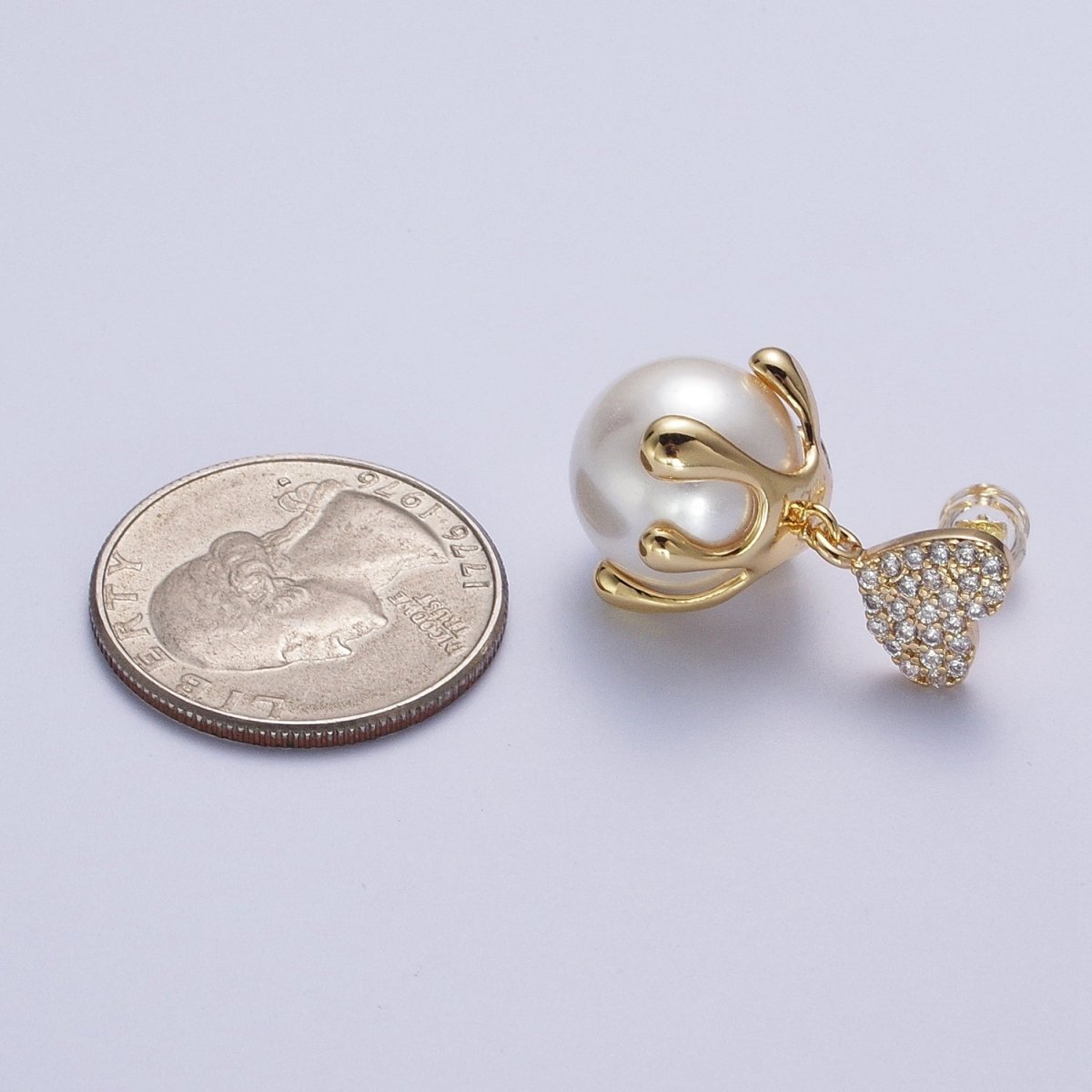 24K Gold Filled Micro Paved CZ Heart Love Drop Round White Pearl Geometric Drip Stud Earrings | Y-032 - DLUXCA