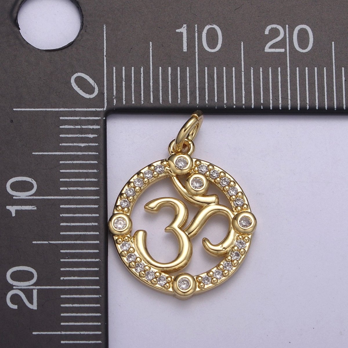 24K Gold Filled Micro Paved CZ Hindu Om Symbol Round Charm N-248 - DLUXCA