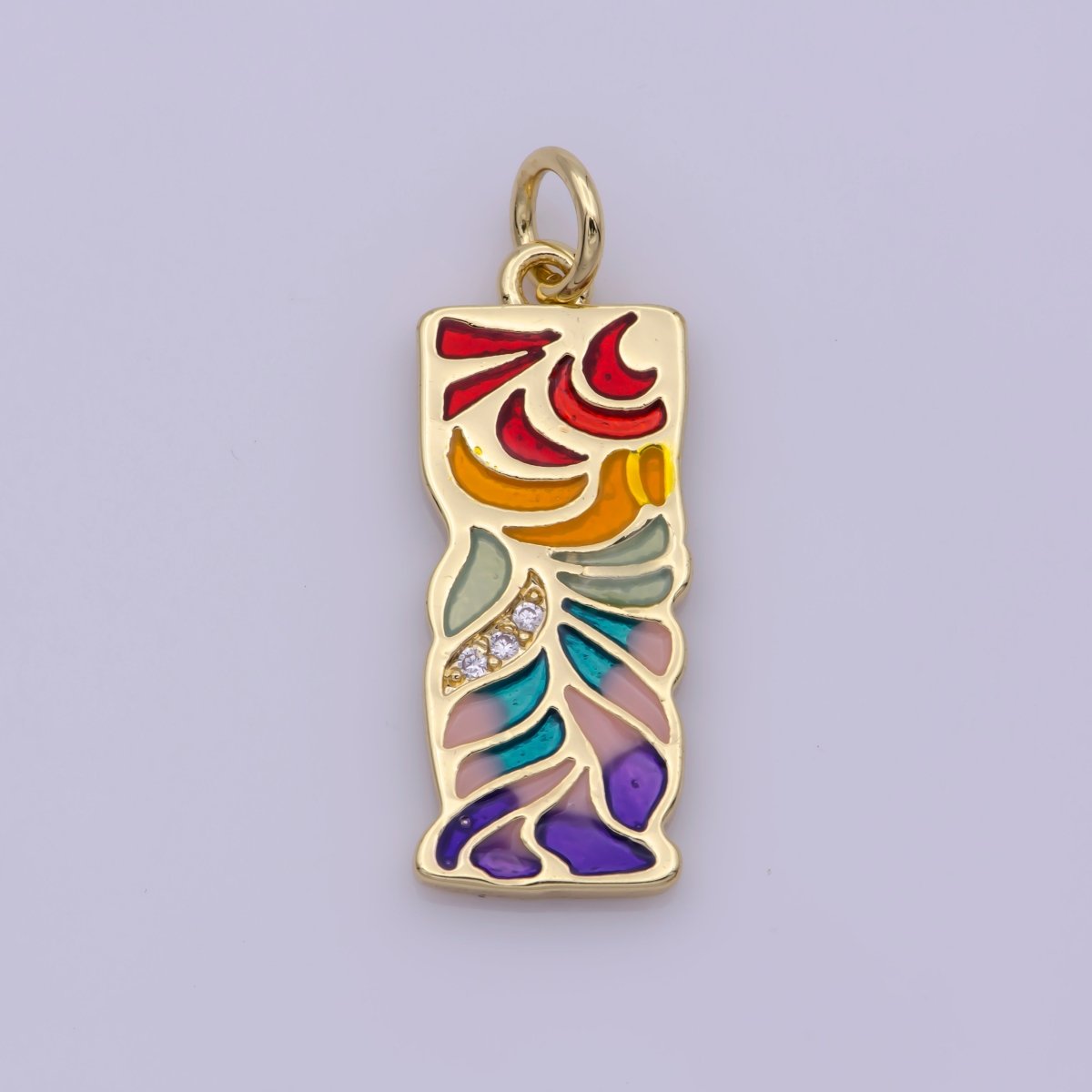 24K Gold Filled Micro Paved CZ Multicolor Rainbow Enamel Leaf Rectangular Charm N-181 - DLUXCA