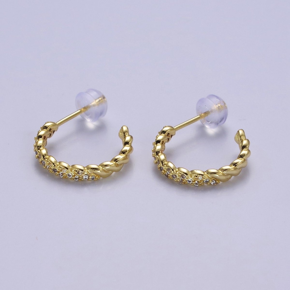 24K Gold Filled Micro Paved CZ Twisted 16mm, 24mm, 30mm C Shaped Stud Hoops Earrings | V-173-V-175 - DLUXCA