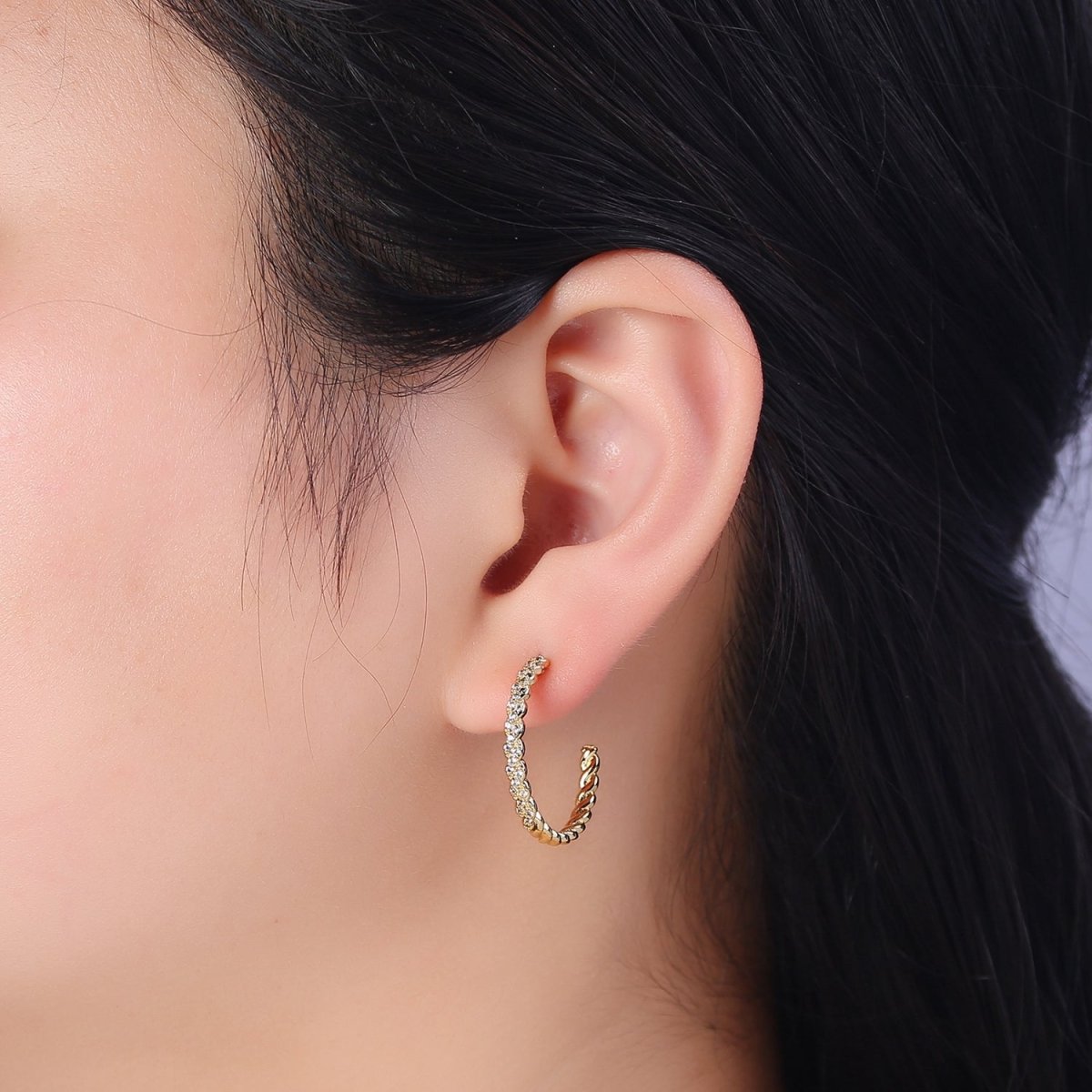 24K Gold Filled Micro Paved CZ Twisted 16mm, 24mm, 30mm C Shaped Stud Hoops Earrings | V-173-V-175 - DLUXCA
