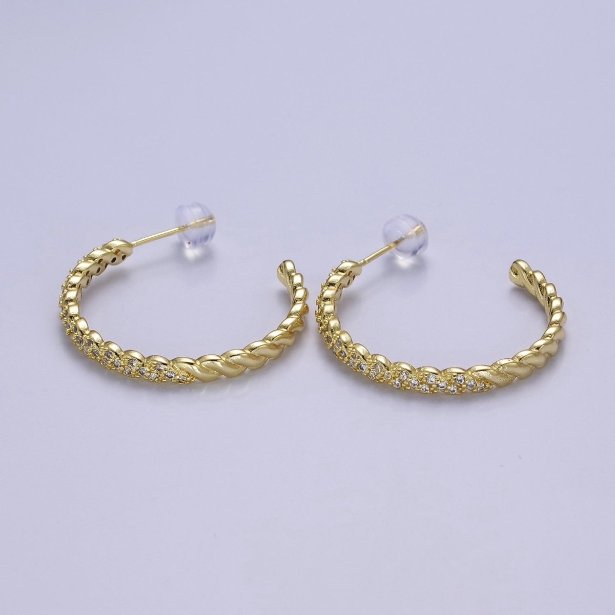 24K Gold Filled Micro Paved CZ Twisted 16mm, 24mm, 30mm C Shaped Stud Hoops Earrings | V-173-V-175 - DLUXCA