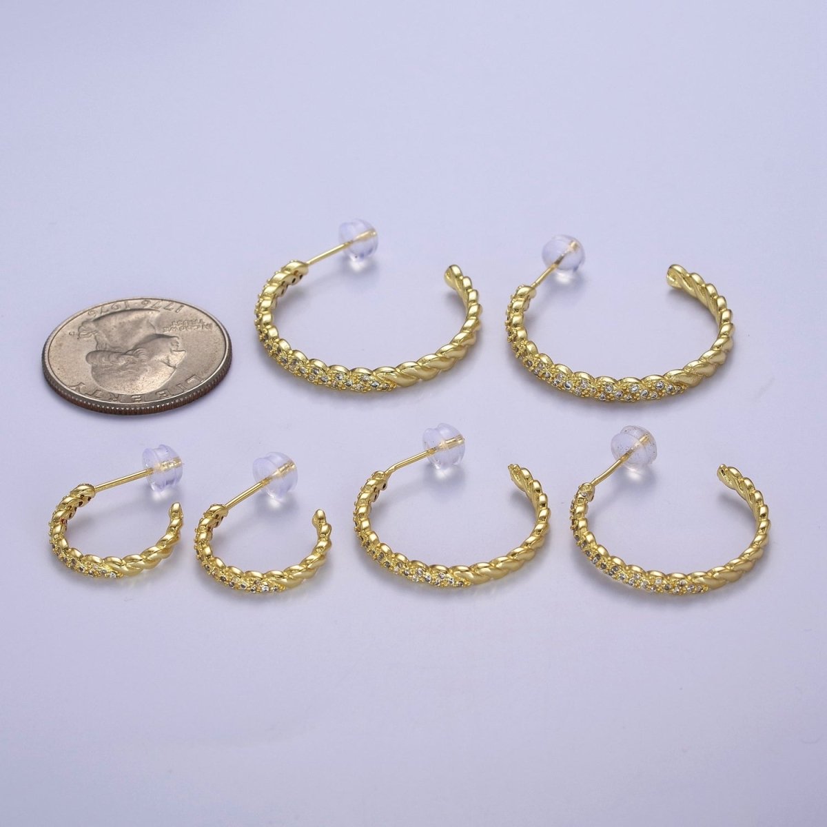 24K Gold Filled Micro Paved CZ Twisted 16mm, 24mm, 30mm C Shaped Stud Hoops Earrings | V-173-V-175 - DLUXCA