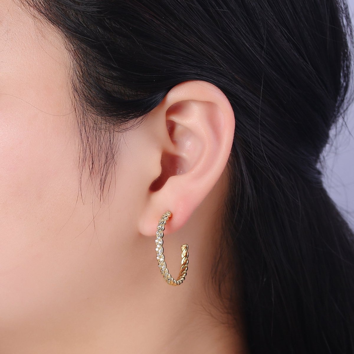 24K Gold Filled Micro Paved CZ Twisted 16mm, 24mm, 30mm C Shaped Stud Hoops Earrings | V-173-V-175 - DLUXCA
