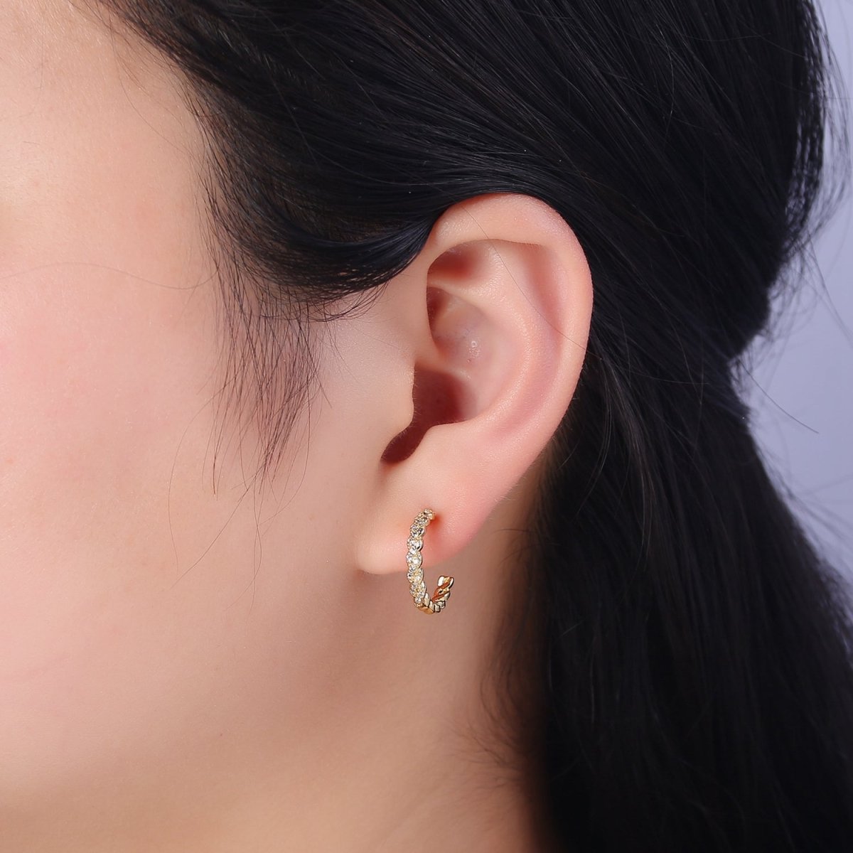 24K Gold Filled Micro Paved CZ Twisted 16mm, 24mm, 30mm C Shaped Stud Hoops Earrings | V-173-V-175 - DLUXCA