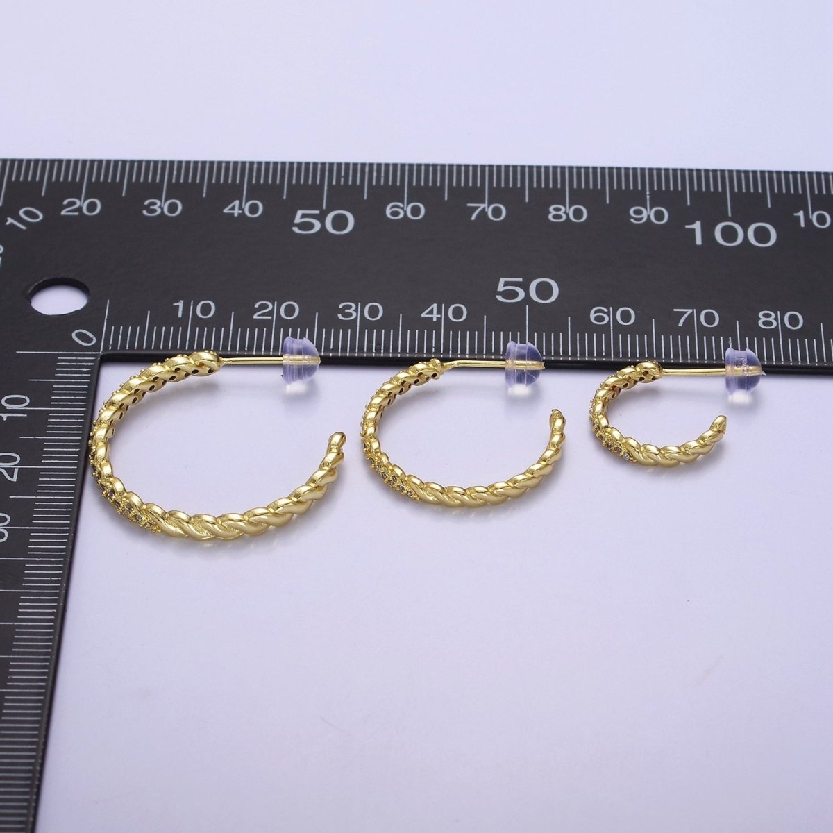 24K Gold Filled Micro Paved CZ Twisted 16mm, 24mm, 30mm C Shaped Stud Hoops Earrings | V-173-V-175 - DLUXCA