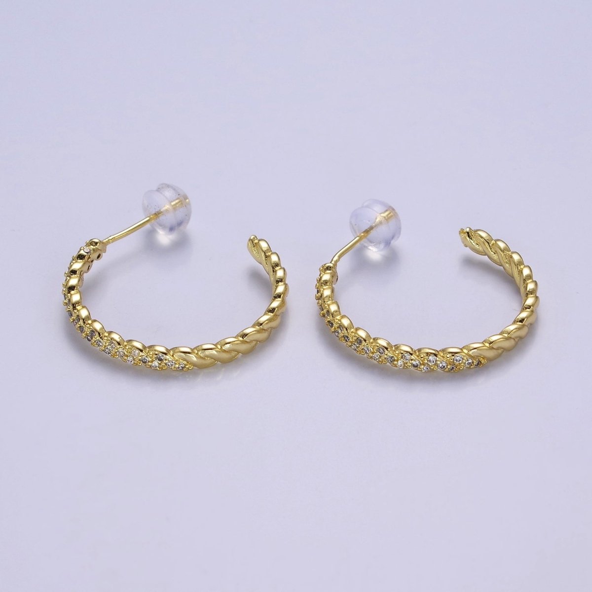 24K Gold Filled Micro Paved CZ Twisted 16mm, 24mm, 30mm C Shaped Stud Hoops Earrings | V-173-V-175 - DLUXCA