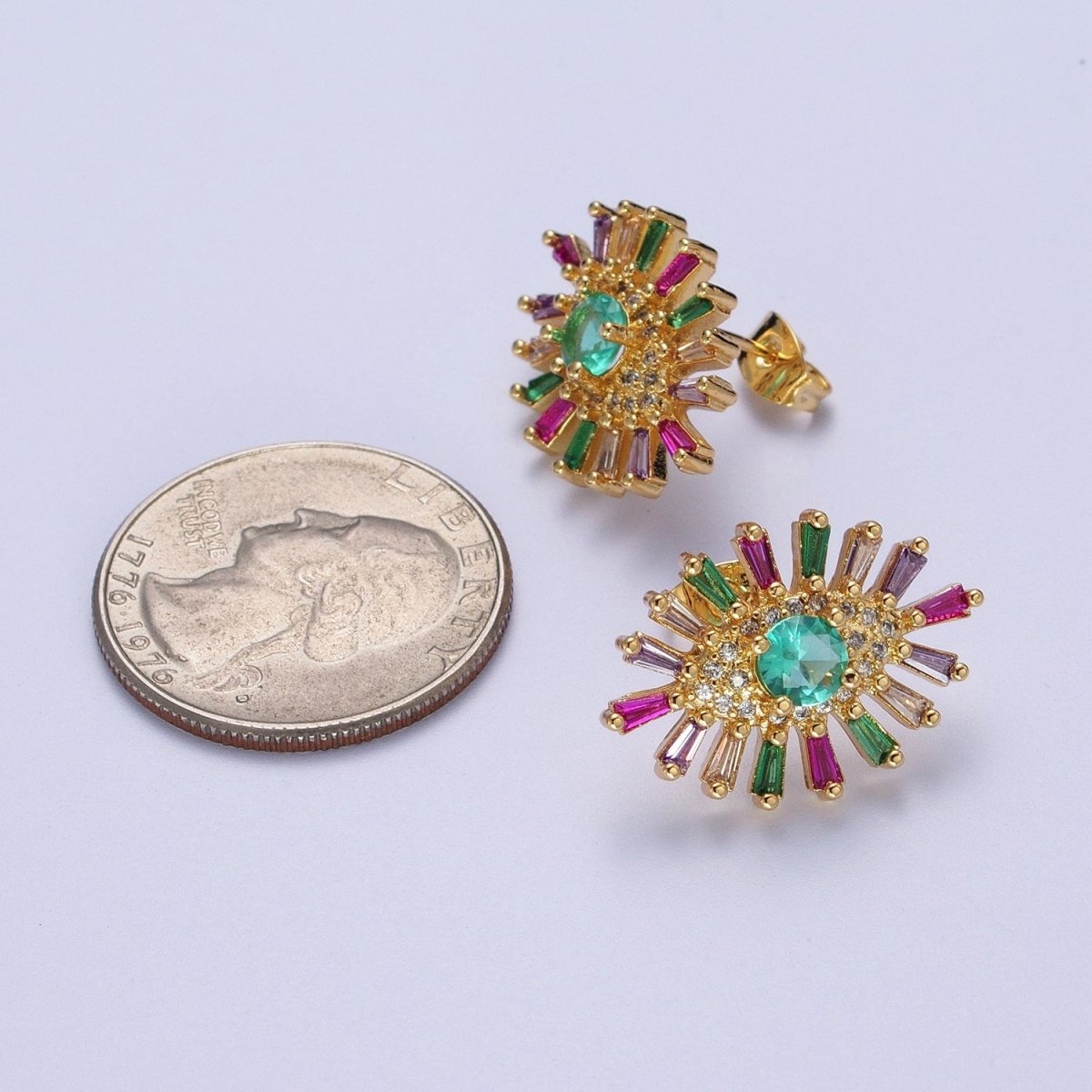 24K Gold Filled Micro Paved Eye of Ra Multicolor Baguette Cubic Zirconia Protection Stud Earrings P-287 - DLUXCA