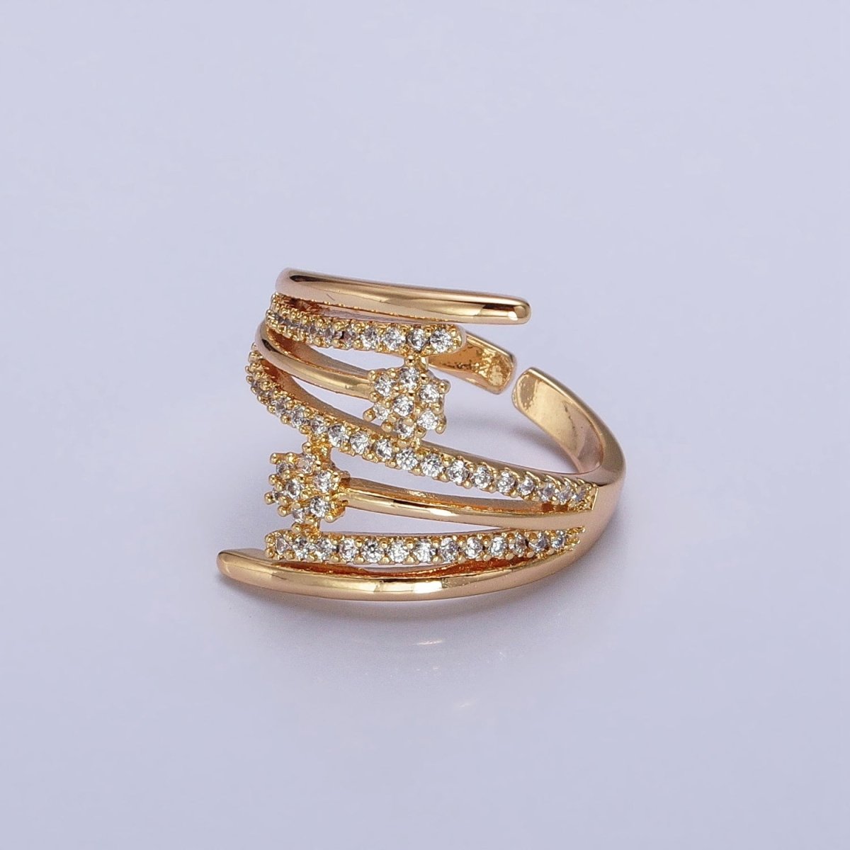 24K Gold Filled Micro Paved Flower CZ Multiple Band Statement Ring in Gold & Silver | O-1934 O-1935 - DLUXCA