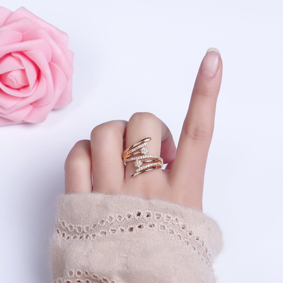 24K Gold Filled Micro Paved Flower CZ Multiple Band Statement Ring in Gold & Silver | O-1934 O-1935 - DLUXCA