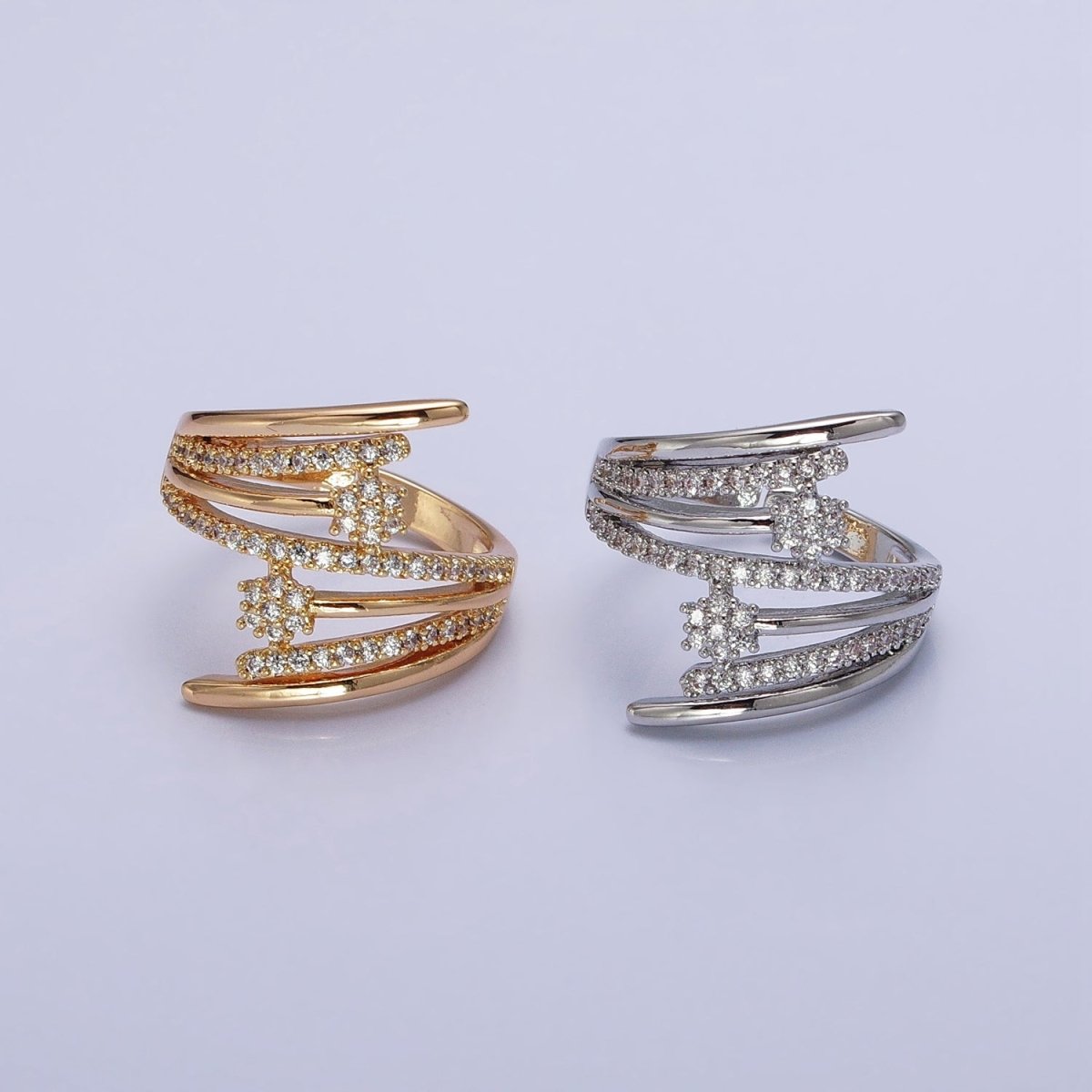 24K Gold Filled Micro Paved Flower CZ Multiple Band Statement Ring in Gold & Silver | O-1934 O-1935 - DLUXCA