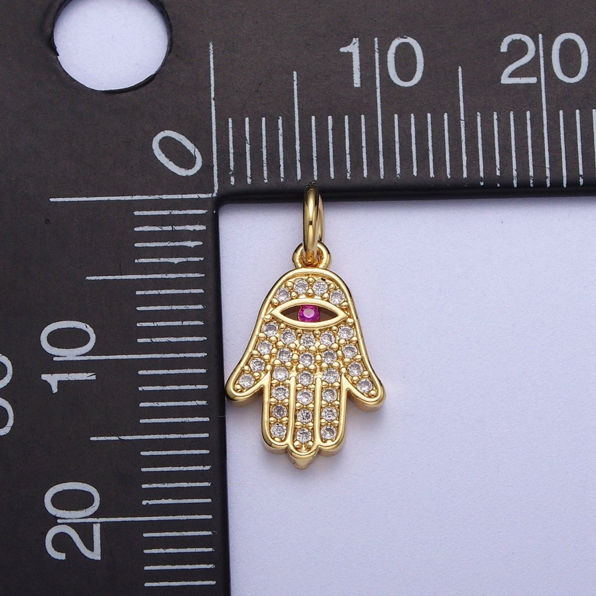24K Gold Filled Micro Paved Fuchsia CZ Hamsa Hand Evil Eye Charm | A-295 - DLUXCA