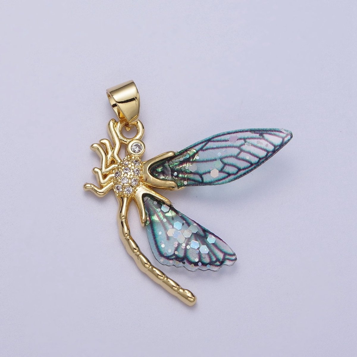 24K Gold Filled Micro Paved Mosquito Blue, Fuchsia Fairy Wings Pendant I-240 I-263 - DLUXCA