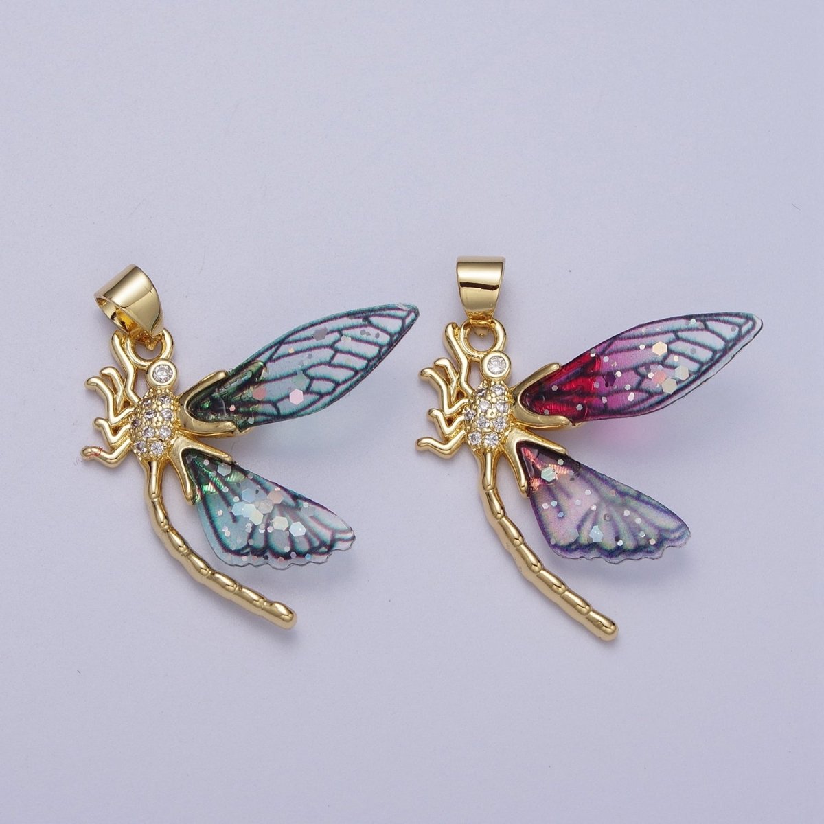 24K Gold Filled Micro Paved Mosquito Blue, Fuchsia Fairy Wings Pendant I-240 I-263 - DLUXCA