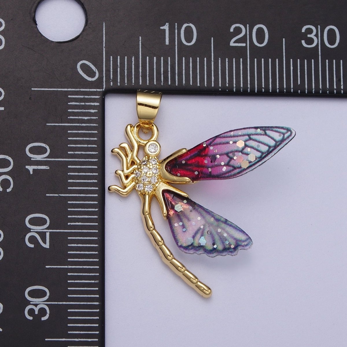 24K Gold Filled Micro Paved Mosquito Blue, Fuchsia Fairy Wings Pendant I-240 I-263 - DLUXCA