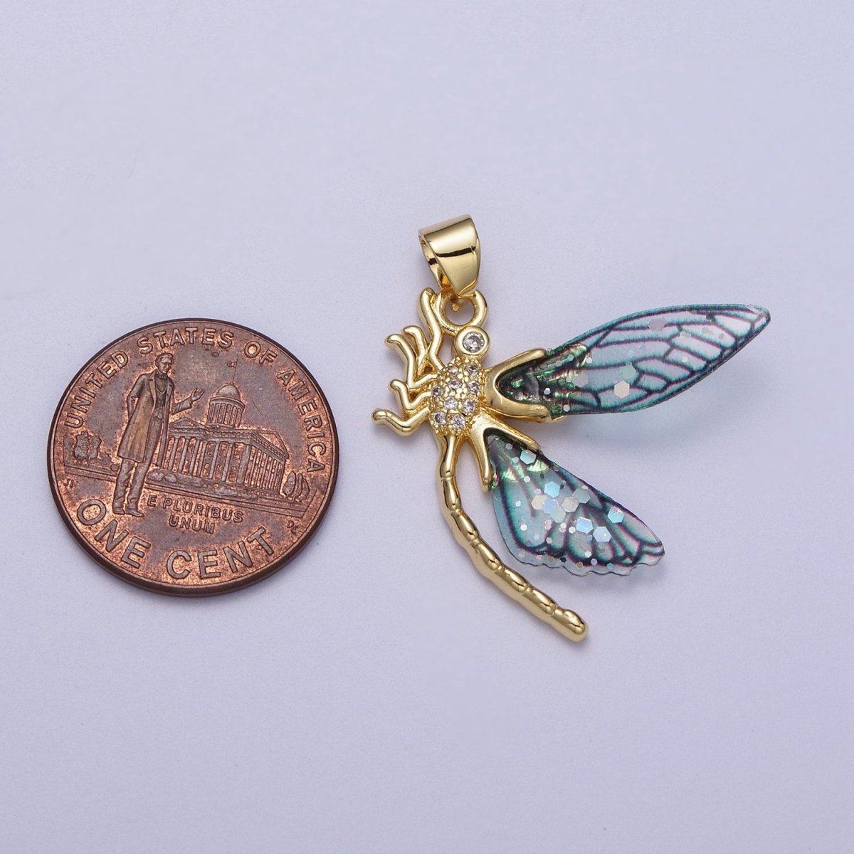 24K Gold Filled Micro Paved Mosquito Blue, Fuchsia Fairy Wings Pendant I-240 I-263 - DLUXCA
