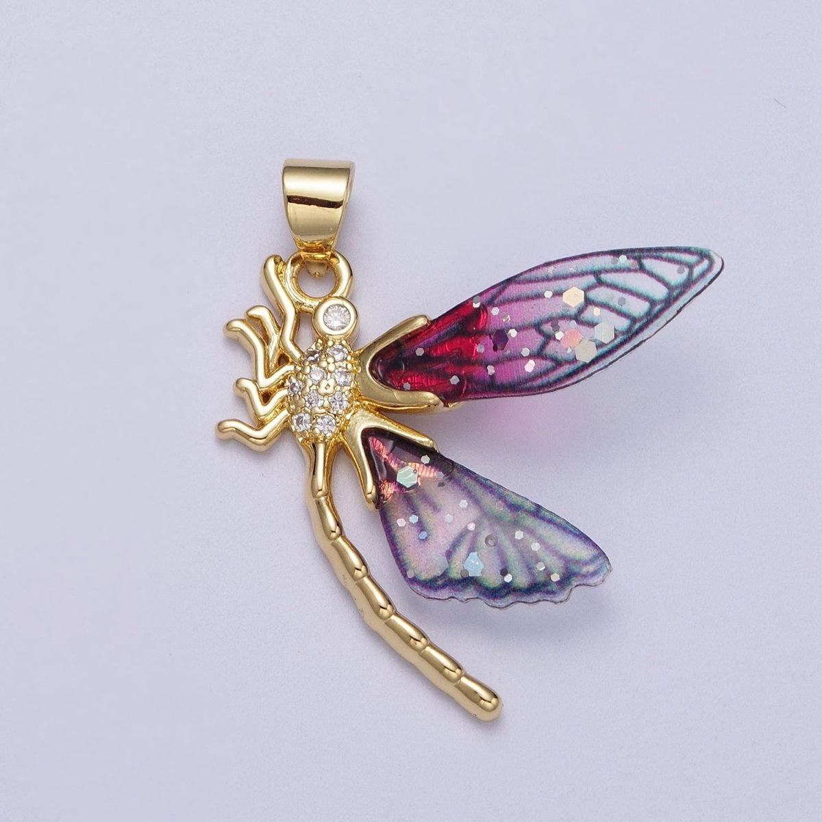 24K Gold Filled Micro Paved Mosquito Blue, Fuchsia Fairy Wings Pendant I-240 I-263 - DLUXCA