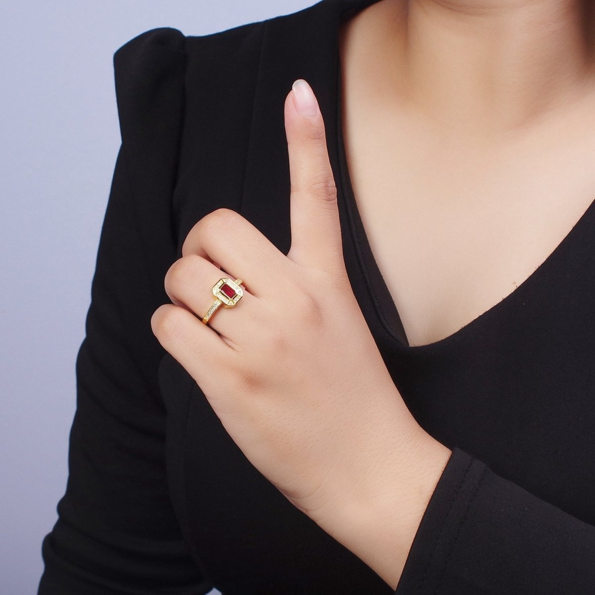 24K Gold Filled Micro Paved Octagonal Adjustable Ring with Fuchsia Baguette Cubic Zirconia | X-562 - DLUXCA