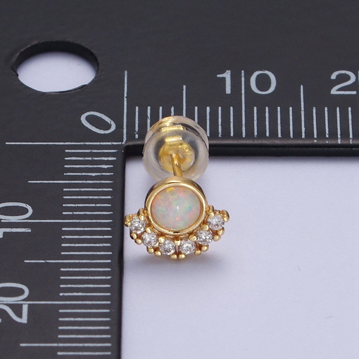 24K Gold Filled Micro Paved Round White Opal Stud Earrings | Y-152 - DLUXCA