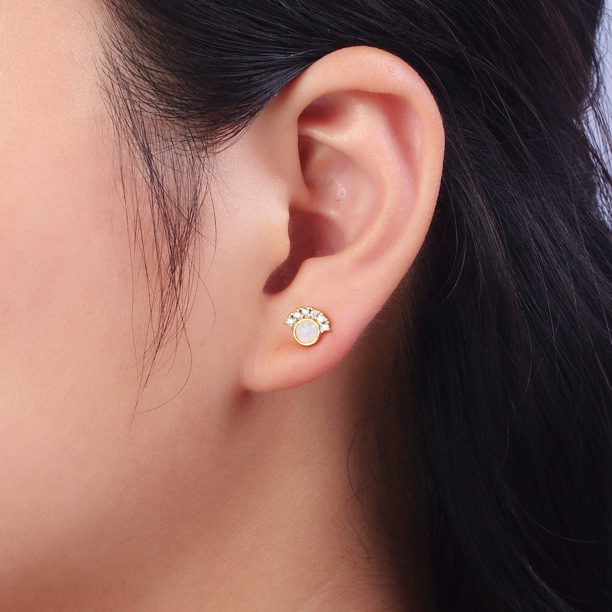 24K Gold Filled Micro Paved Round White Opal Stud Earrings | Y-152 - DLUXCA