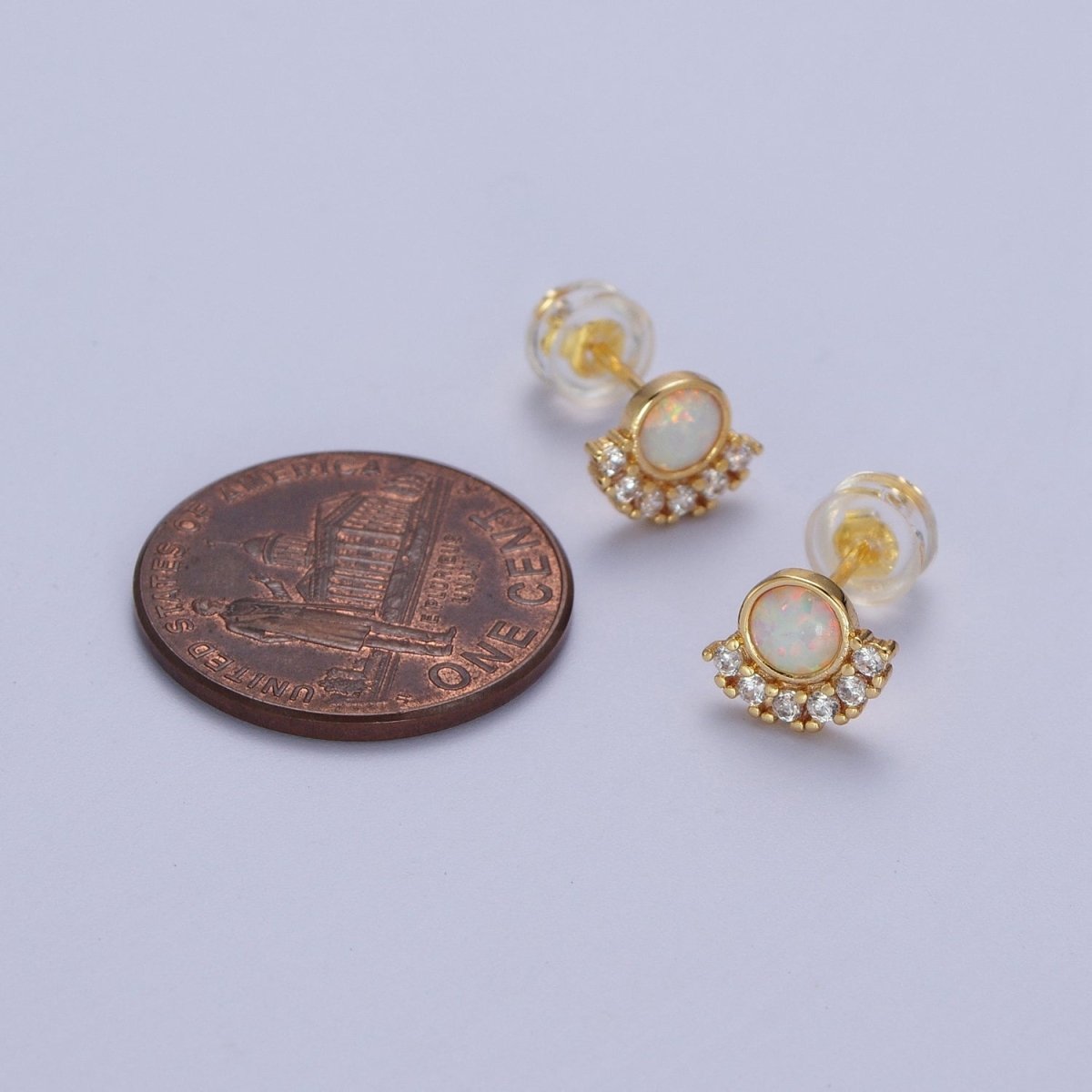 24K Gold Filled Micro Paved Round White Opal Stud Earrings | Y-152 - DLUXCA