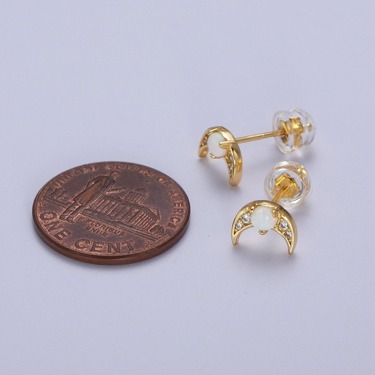 24K Gold Filled Mini White Opal Micro Paved CZ Crescent Moon Stud Earrings | Y-225 - DLUXCA