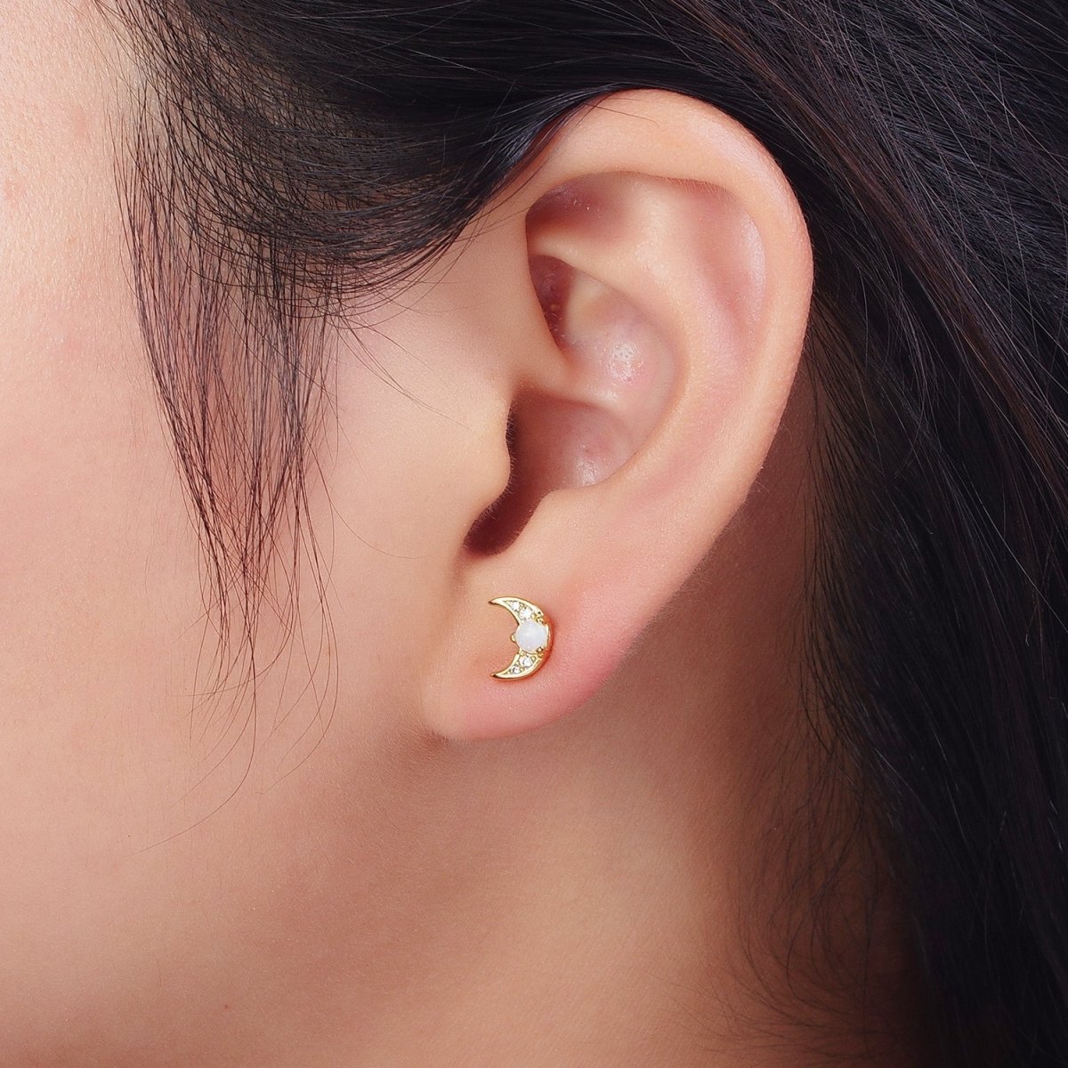 24K Gold Filled Mini White Opal Micro Paved CZ Crescent Moon Stud Earrings | Y-225 - DLUXCA