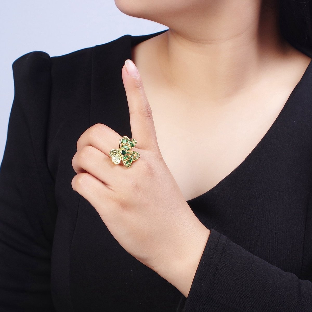 24K Gold Filled Minimalist Green Bow Flower Clover Heart Green Baguette Ring S-241 - DLUXCA
