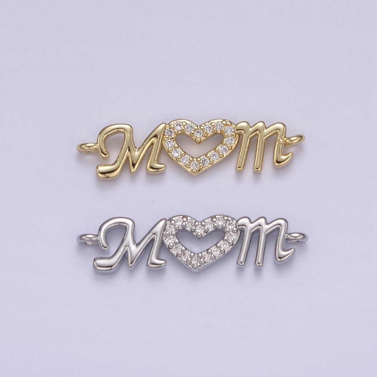 24K Gold Filled Mom Link Connector Silver Micro Pave CZ Heart Charm Connector Mother with Heart Micro Pave CZ Connector F-815 F-816 - DLUXCA