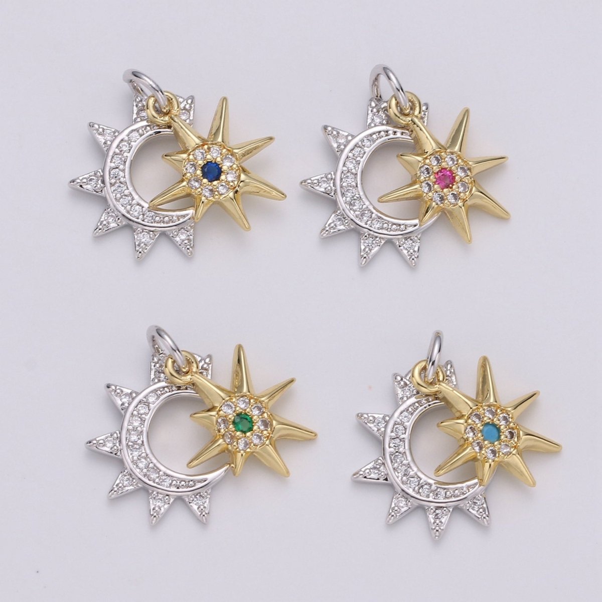 24K Gold Filled Moon Charm, Crescent Moon Pendant, Micro Pave Star Necklace, Dainty Gold Celestial Jewelry Making Supply Aurora Necklace D-446 - D-449 - DLUXCA