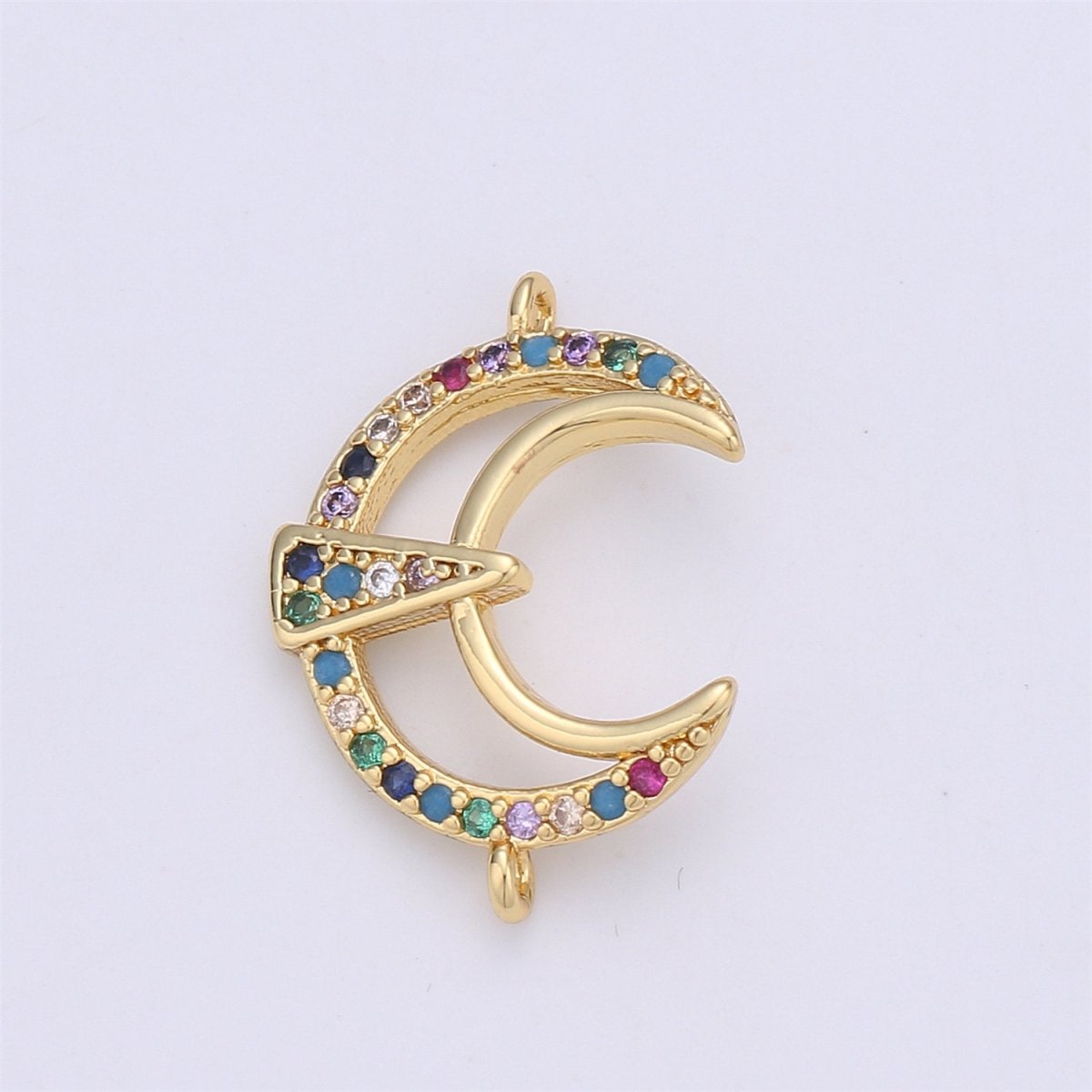 24k gold filled Moon Connector Rainbow Micro Pave Crescent Moon Charm Connector for Bracelet Necklace Earring Component F-332 - DLUXCA