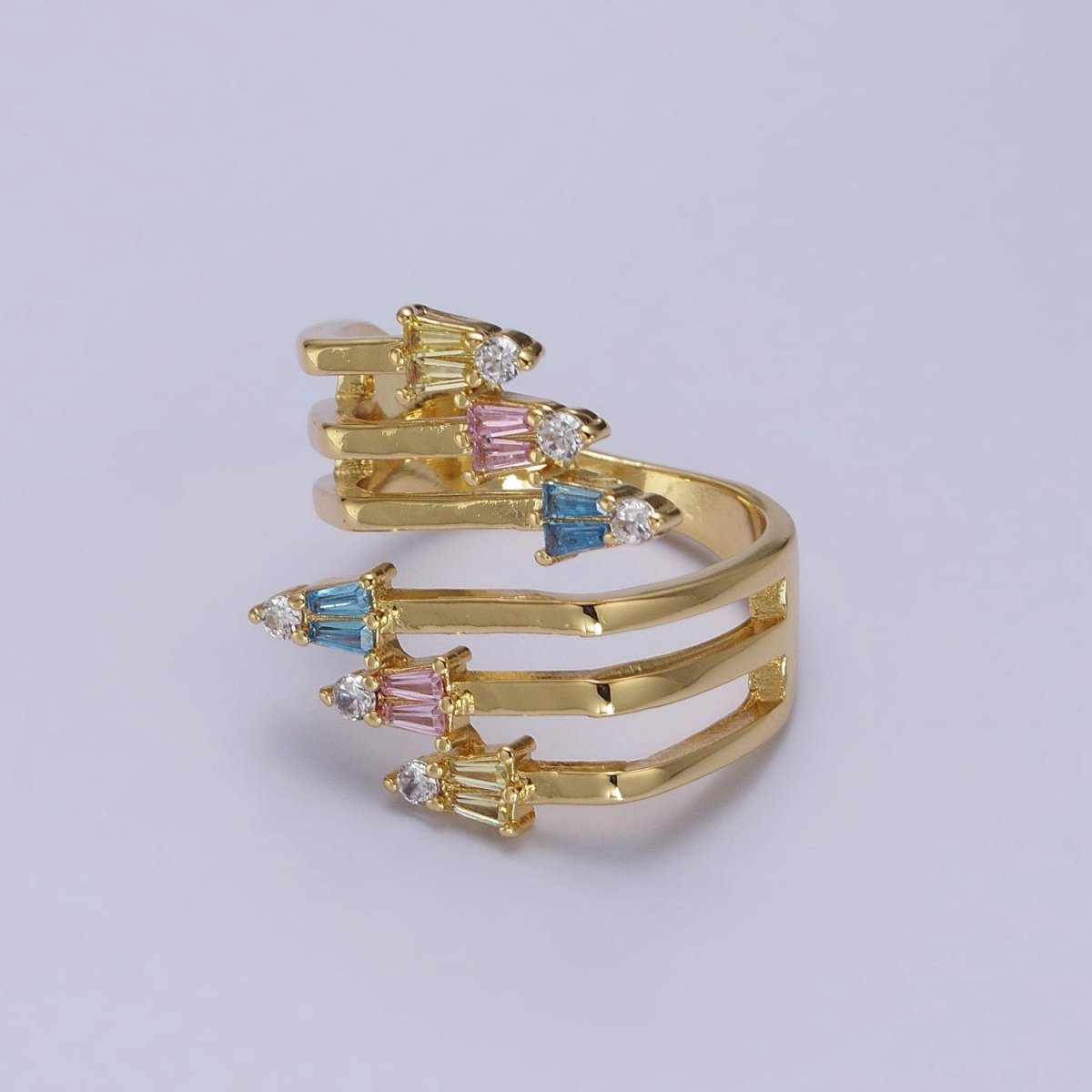 24K Gold Filled Multi Band Claw Multicolor CZ Baguette Statement Ring in Gold & Silver | Y-577 Y-578 - DLUXCA