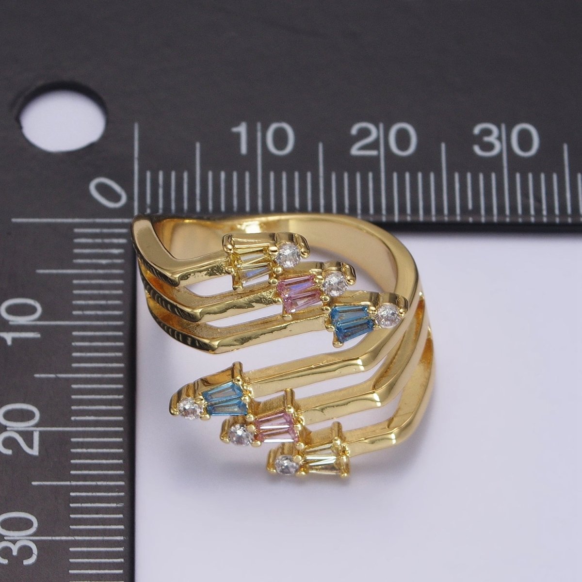 24K Gold Filled Multi Band Claw Multicolor CZ Baguette Statement Ring in Gold & Silver | Y-577 Y-578 - DLUXCA