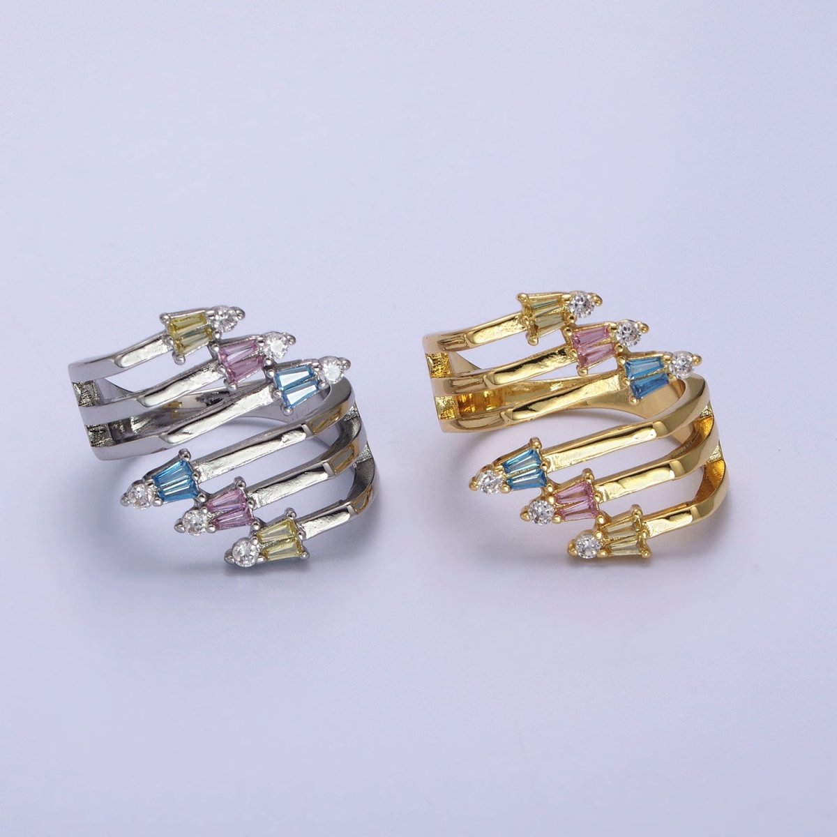 24K Gold Filled Multi Band Claw Multicolor CZ Baguette Statement Ring in Gold & Silver | Y-577 Y-578 - DLUXCA