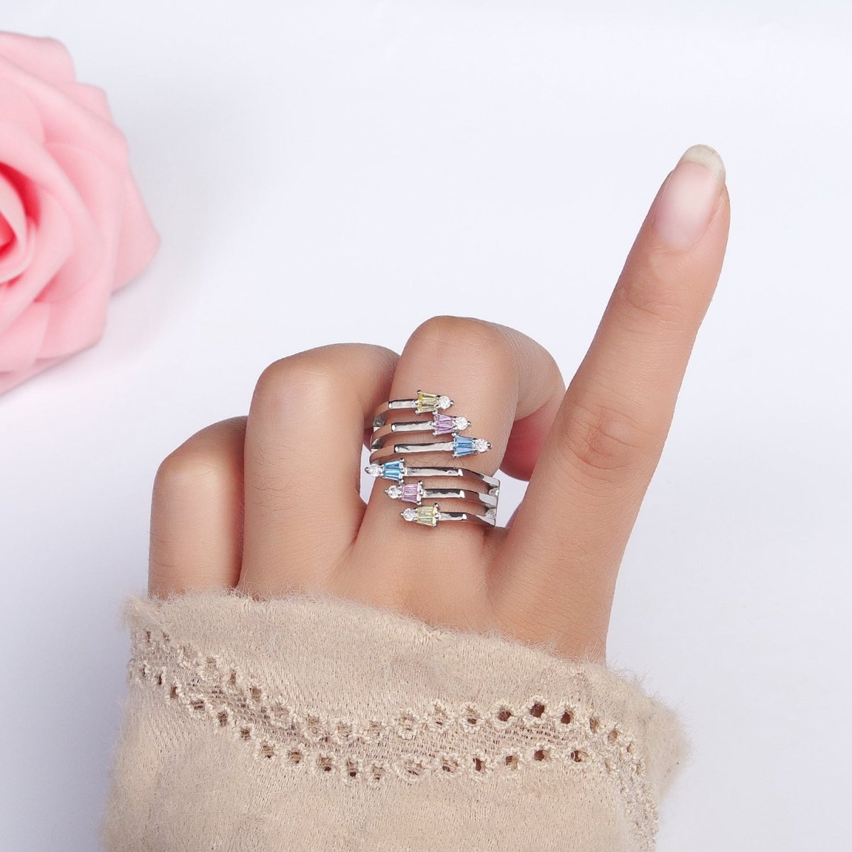 24K Gold Filled Multi Band Claw Multicolor CZ Baguette Statement Ring in Gold & Silver | Y-577 Y-578 - DLUXCA