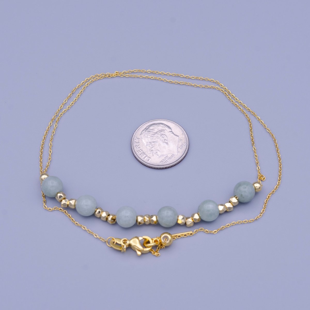 24K Gold Filled Multi Tone Green Aventurine Gemstone w. Cube Spacer Beads Adjustable Cable 18.5 Inch Chain | WA-1452 Clearance Pricing - DLUXCA