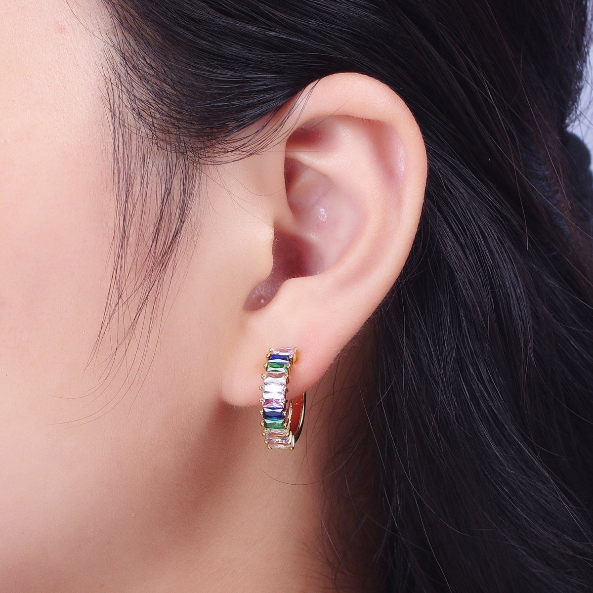 24K Gold Filled Multicolor Baguette Cubic Zirconia 18mm Huggie Hoop Earrings | Y-105 - DLUXCA